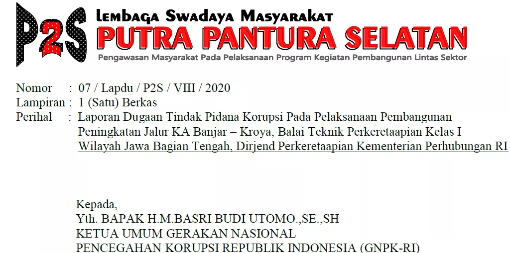 LSM P2S Laporkan Dugaan Tindak Pidana Korupsi Peningkatan Jalur KA