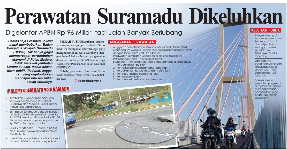 BBPJN VIII Digerojok APBN Rp 96 M, Kok Perawatan Suramadu Dikeluhkan