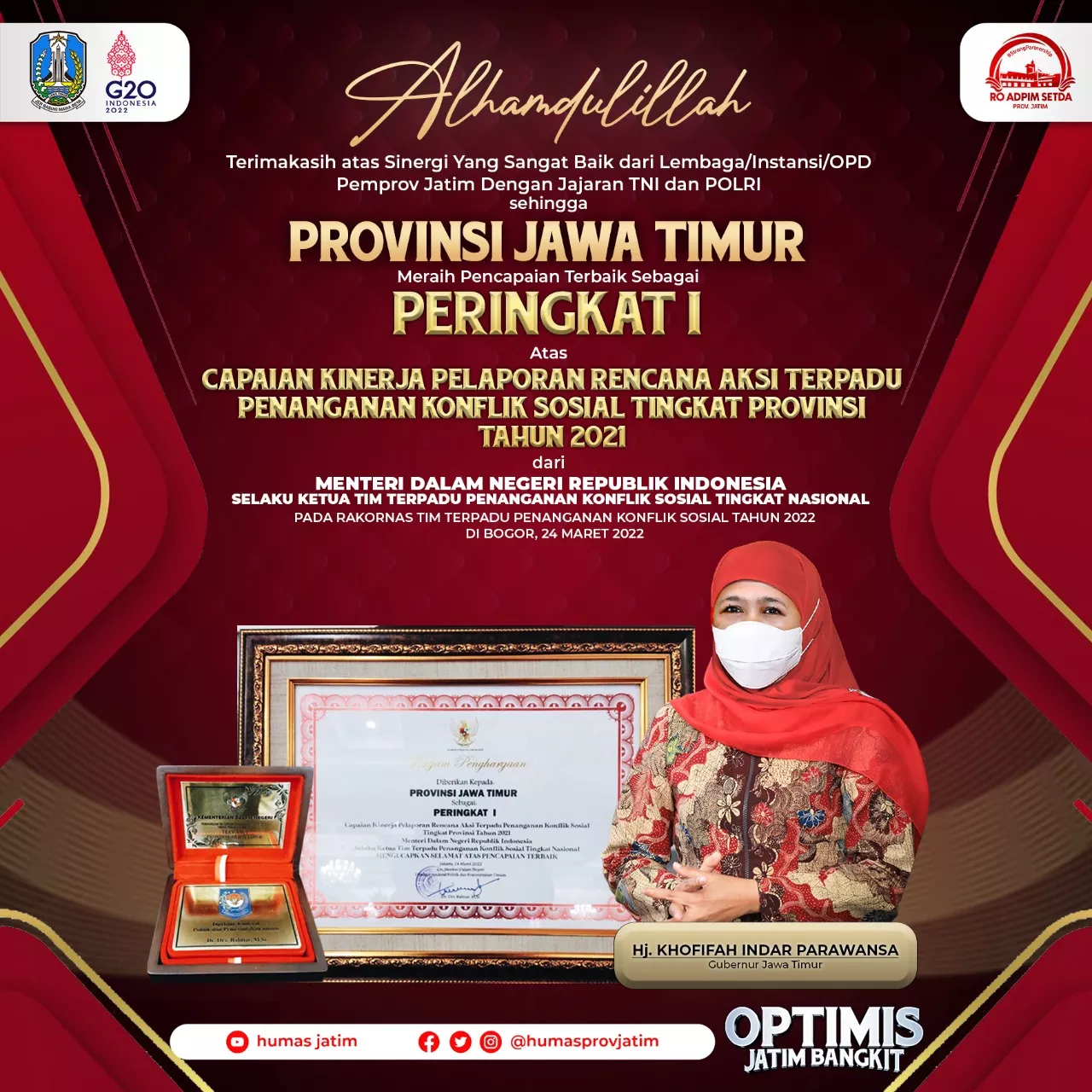 Jatim Raih Penghargaan Aksi Terpadu Penanganan Konflik Sosial