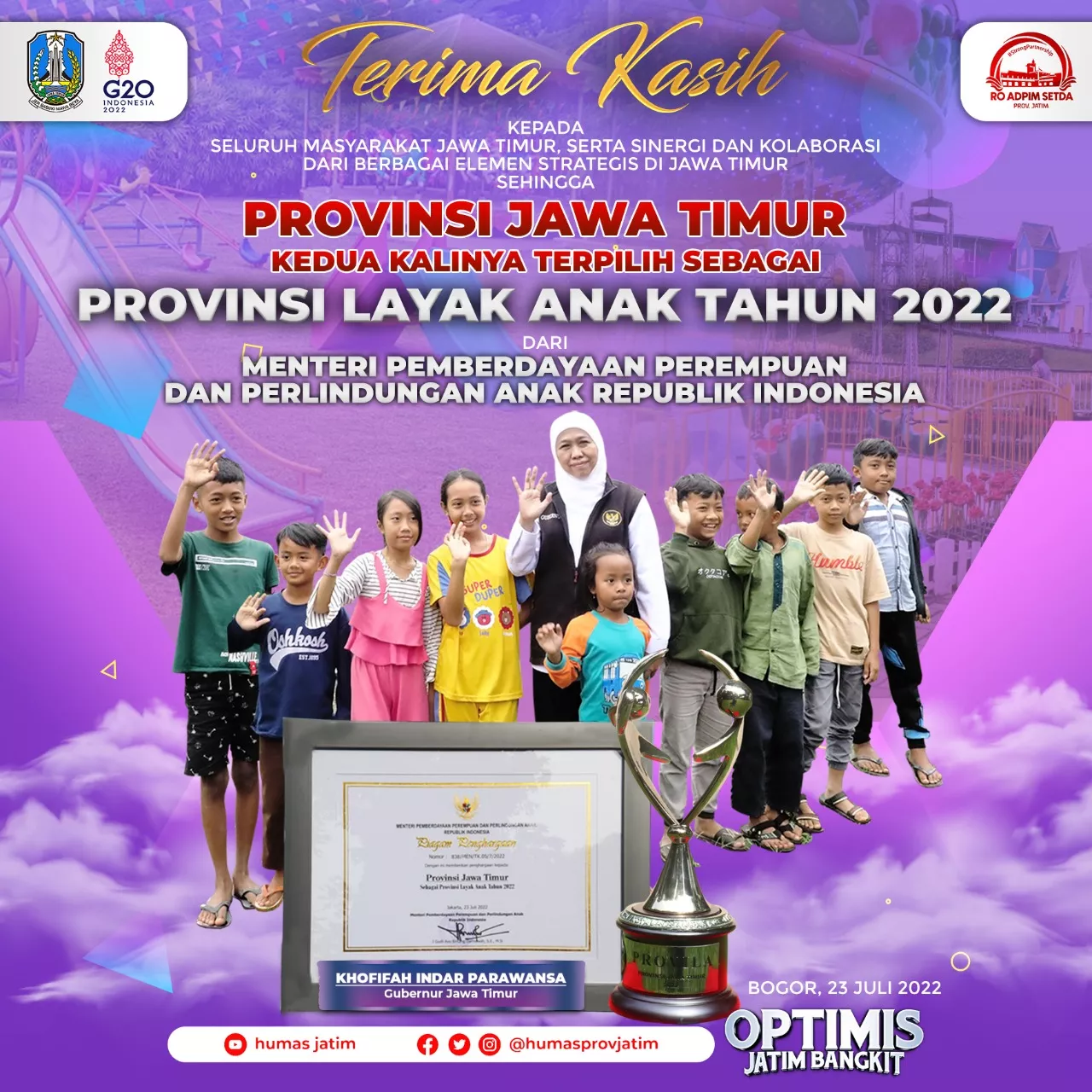 Pemprov Jawa Timur Raih Penghargaan Provinsi Layak Anak dari KPPPA RI