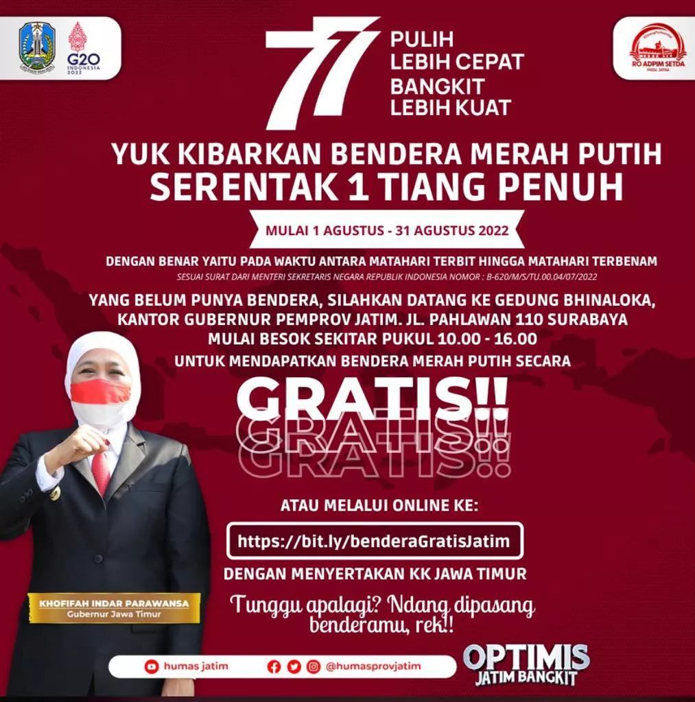 Gubernur Khofifah : Ayo Kibarkan Merah Putih Satu Tiang Penuh