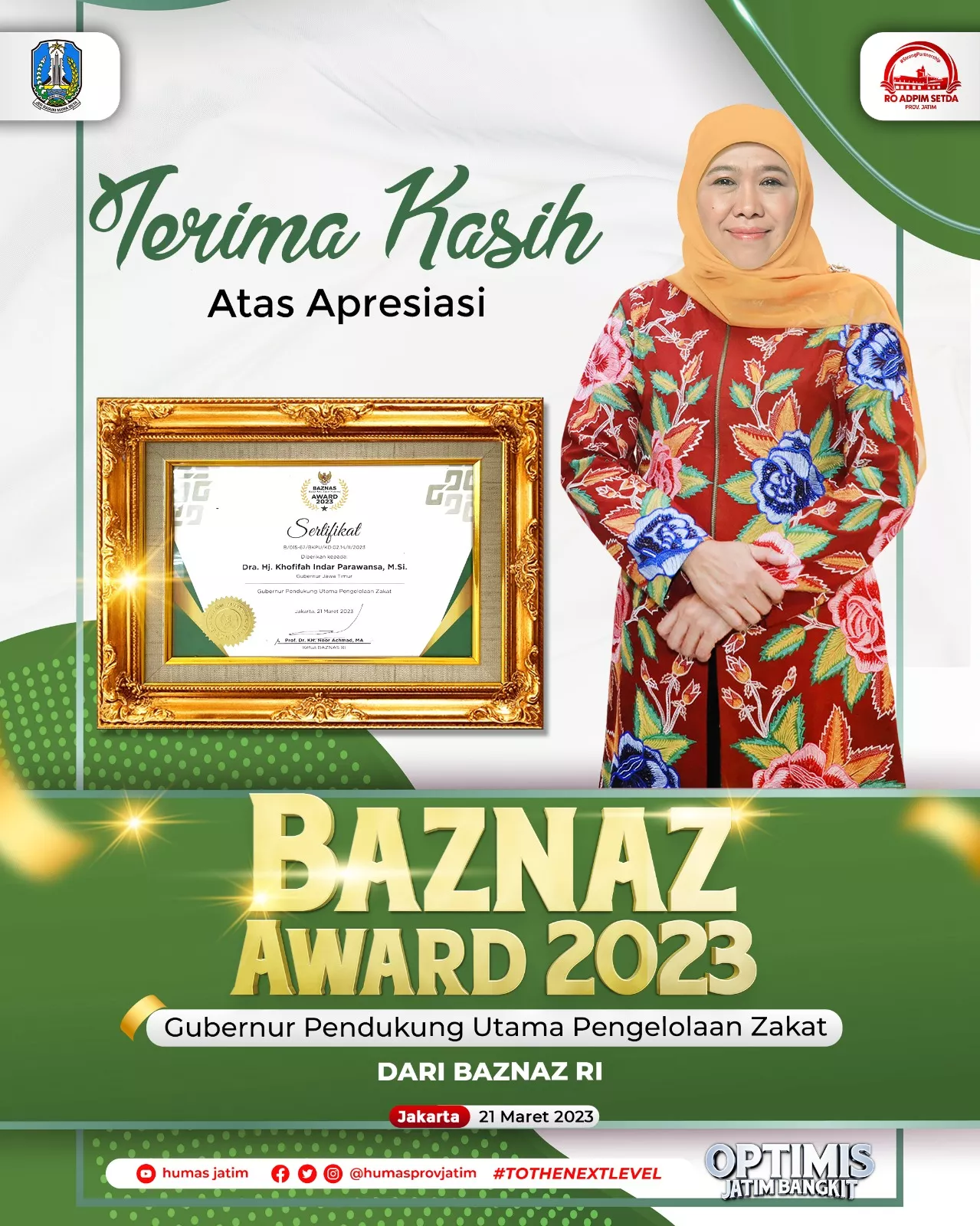 Khofifah Terima Penghargaan Baznas Award 2023 Sebagai Gubernur Pendukung Utama Pengelolaan Zakat