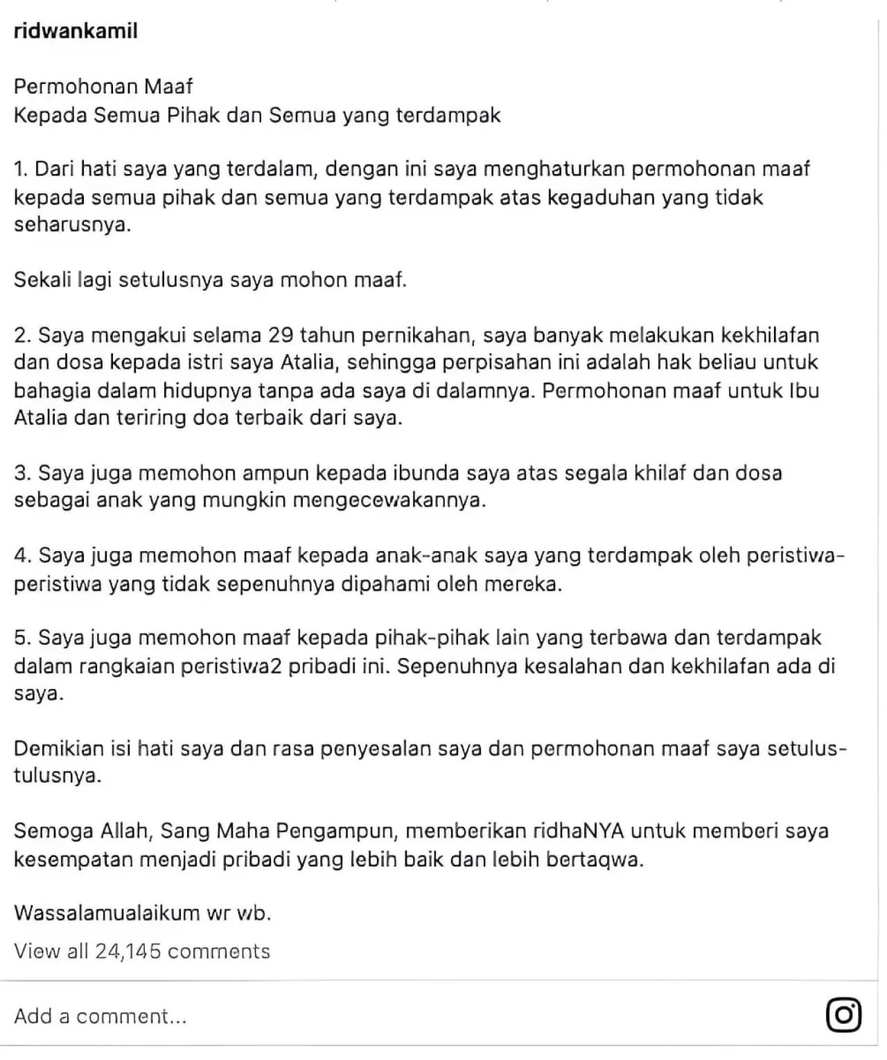 Ridwan Kamil Akui Khilaf, Sampaikan Permintaan Maaf Usai Digugat Cerai Atalia