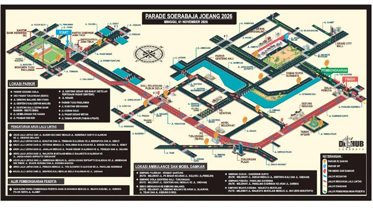 Parade Juang 2026, Dishub Surabaya Siapkan 14 Kantong Parkir dan Rekayasa Lalu Lintas
