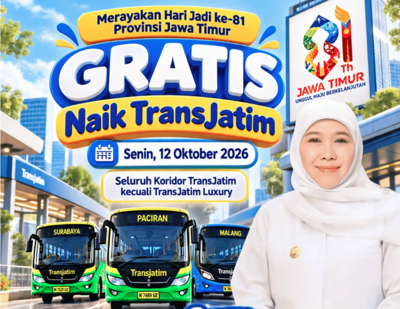 Hari Jadi ke-81 Jatim, Trans Jatim Gratis Sehari pada 12 Oktober